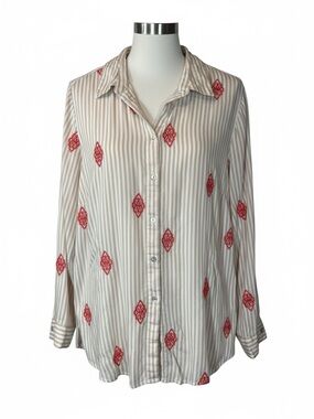 Chico's Cream and Beige Striped Button-Down with Red Embroidery